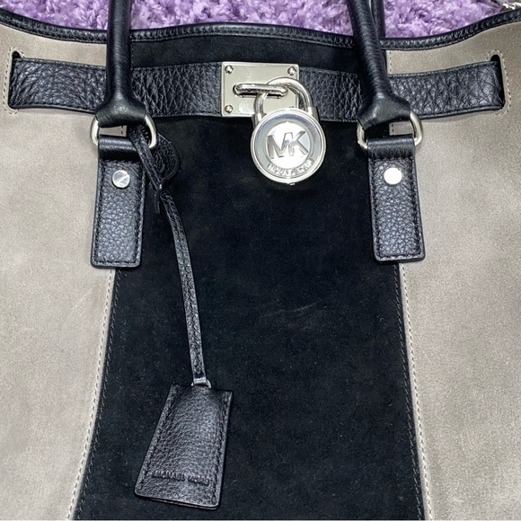 AUTH Michael Kors Large Hamilton Center Stripe Colorblock Suede Satchel Purse - Picture 11 of 13